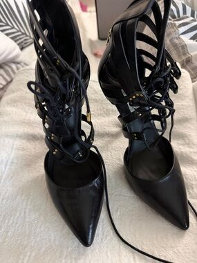 Black Lace-Up Strappy Pointed Toe Heels